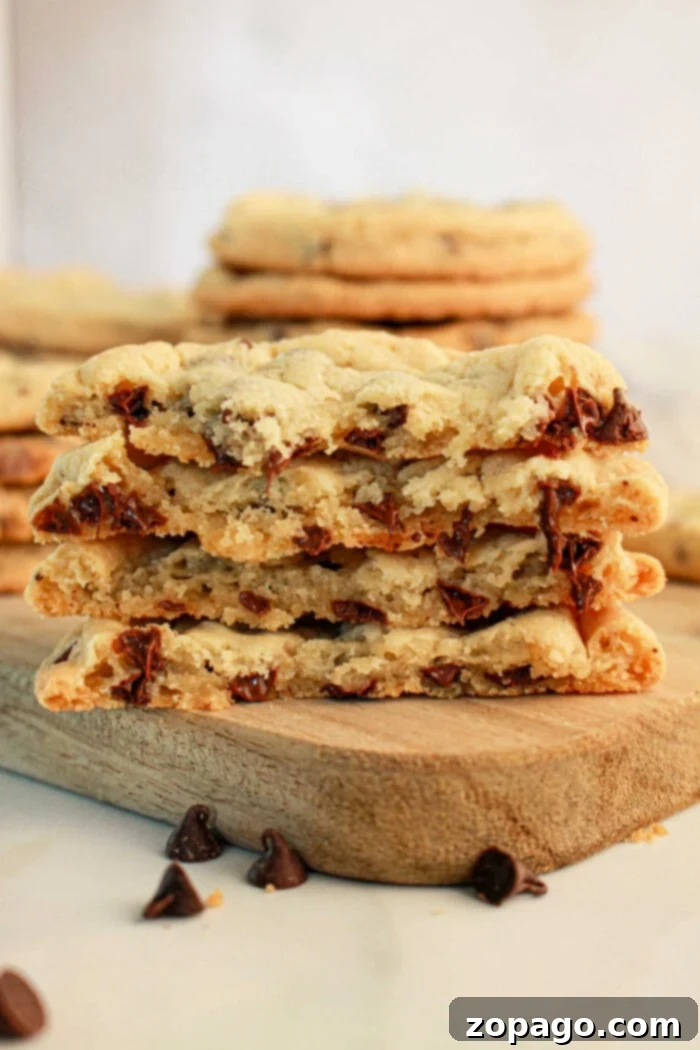 Pancake Mix Cookie Hack 2 A stack of golden-brown chocolate chip cookies, made with pancake mix, resting on a rustic wooden board. The cookies are thick, showcasing generously melted chocolate chunks, with additional chocolate chips scattered around. More pancake mix cookies are visible in the soft-focus background.