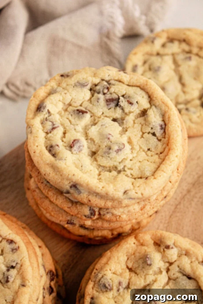 Pancake Mix Cookie Hack 5 A beautifully arranged stack of golden chocolate chip cookies, crafted from pancake mix, sits invitingly on a wooden surface. Each cookie features a rich, golden-brown hue, clearly visible melted chocolate chips, and a subtly cracked top texture, suggesting perfect crispness and chewiness. A soft beige cloth provides a warm, rustic backdrop.
