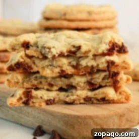 A stack of chocolate chip cookies made with pancake mix is halved and placed on a wooden board. The cookies are thick with visible chunks of melted chocolate. Some chocolate chips are scattered around the board, and more pancake mix cookies are stacked in the background.