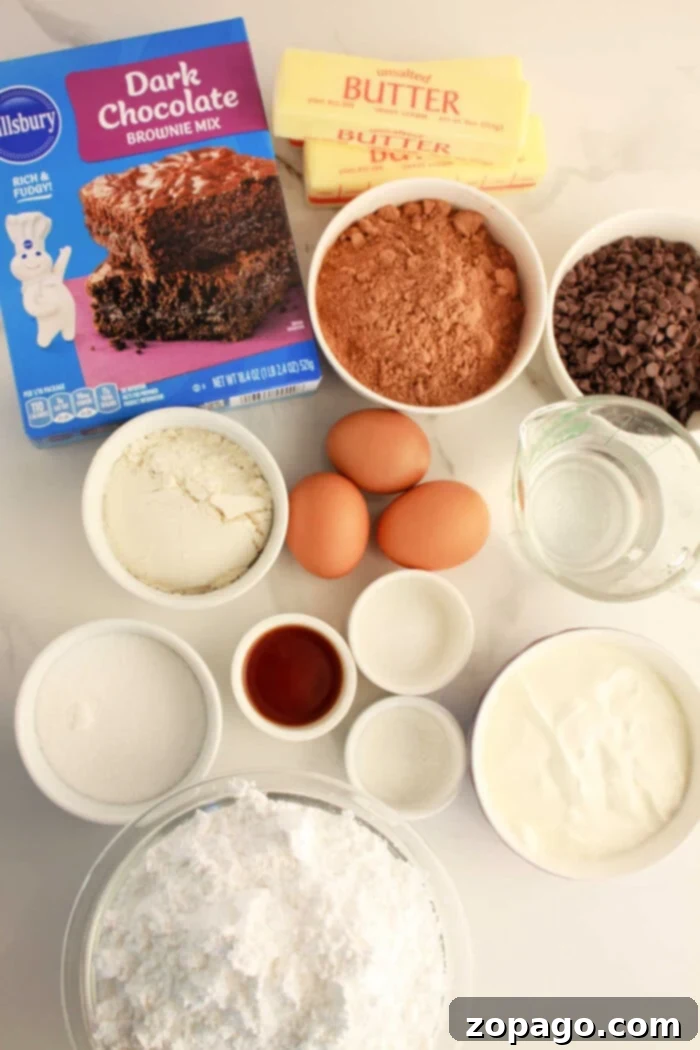 Brownie Mix Cake Upgrade 3 Ingredients for a rich brownie cake: eggs, butter, chocolate chips, flour, sugar, vanilla, yogurt, and water are all displayed on the table.