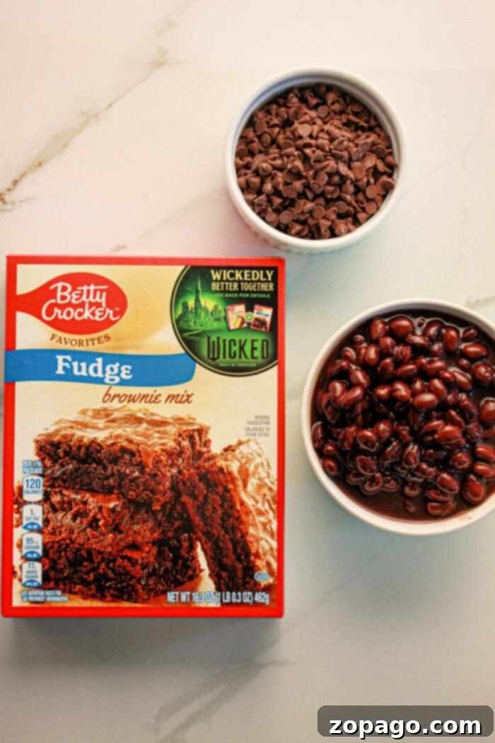 Decadent Black Bean Brownies 3 A box of fudge brownie mix sits alongside bowls of chocolate chips and black beans, perfectly set up to create delicious black bean brownies with mix on a pristine white surface.