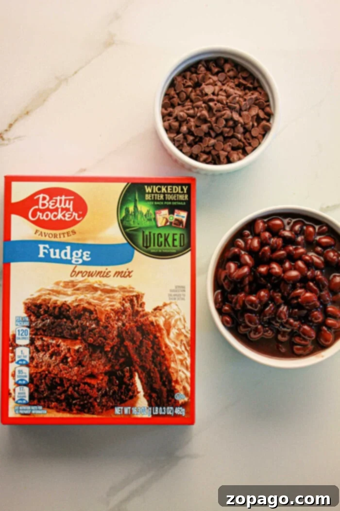 Secretly Fudgy Black Bean Brownies 3 A neatly arranged flat lay of ingredients for black bean brownies, featuring a box of fudge brownie mix, a bowl of chocolate chips, and a can of black beans on a pristine white surface.
