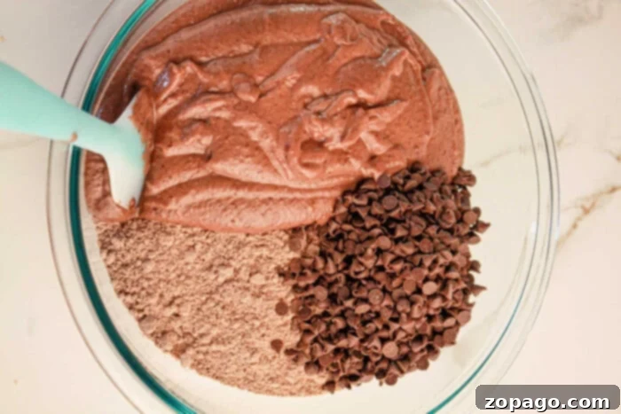 Secretly Fudgy Black Bean Brownies 4 A large bowl of black bean brownie batter, studded with chocolate chips, being expertly mixed with a vibrant turquoise spatula, creating a smooth, rich consistency.