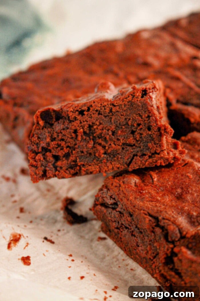 Decadent Black Bean Brownies 6 Close-up of a rich black bean brownie with mix, showcasing its soft and dense texture, placed on parchment paper.