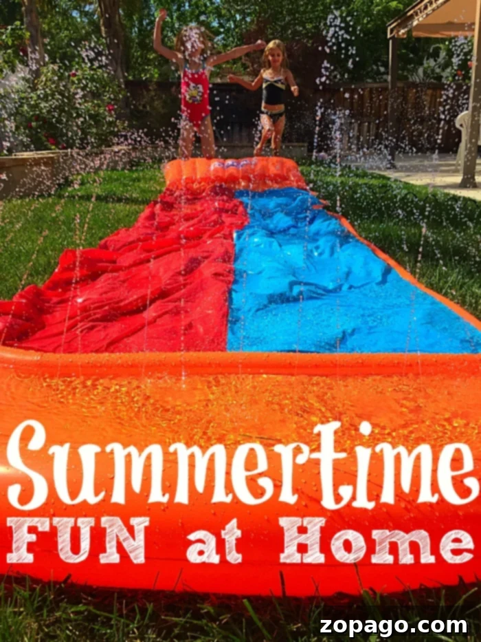 Lots of summertime activities for kids. Smiling children enjoying various summer activities outdoors, including splashing in water, crafting, and playing in a vibrant backyard setting