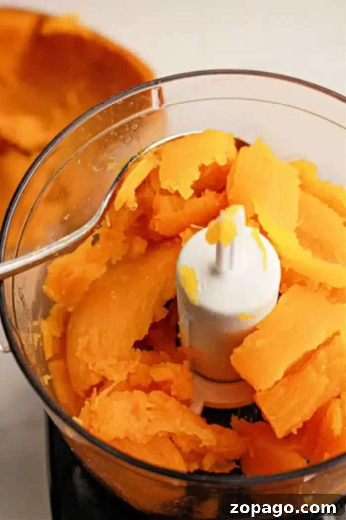 Crockpot Pumpkin Bliss 7 A food processor bowl filled with chunks of vibrant orange cooked pumpkin, partially mashed and ready for blending into a smooth puree. A metal spoon rests on the edge of the bowl.