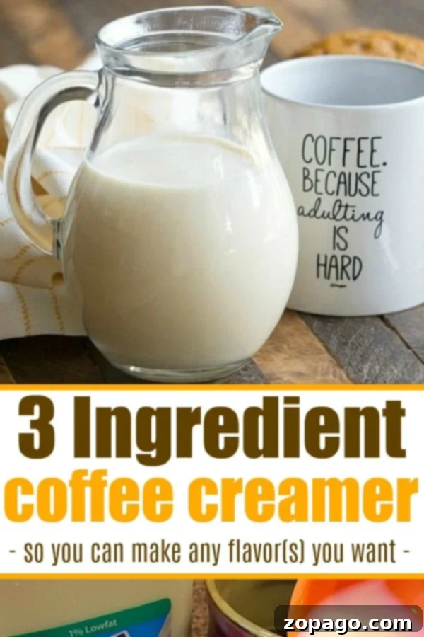 Homemade coffee creamer recipe requires just 3 ingredients and you can use any flavors you love! Cheap and simple way to jazz up your coffee. #coffee #creamer #homemade #simple #organic #easy #vanilla #pumpkin #coffeecreamer #dairyfree A mason jar of homemade creamer next to a coffee cup, ready to be enjoyed.