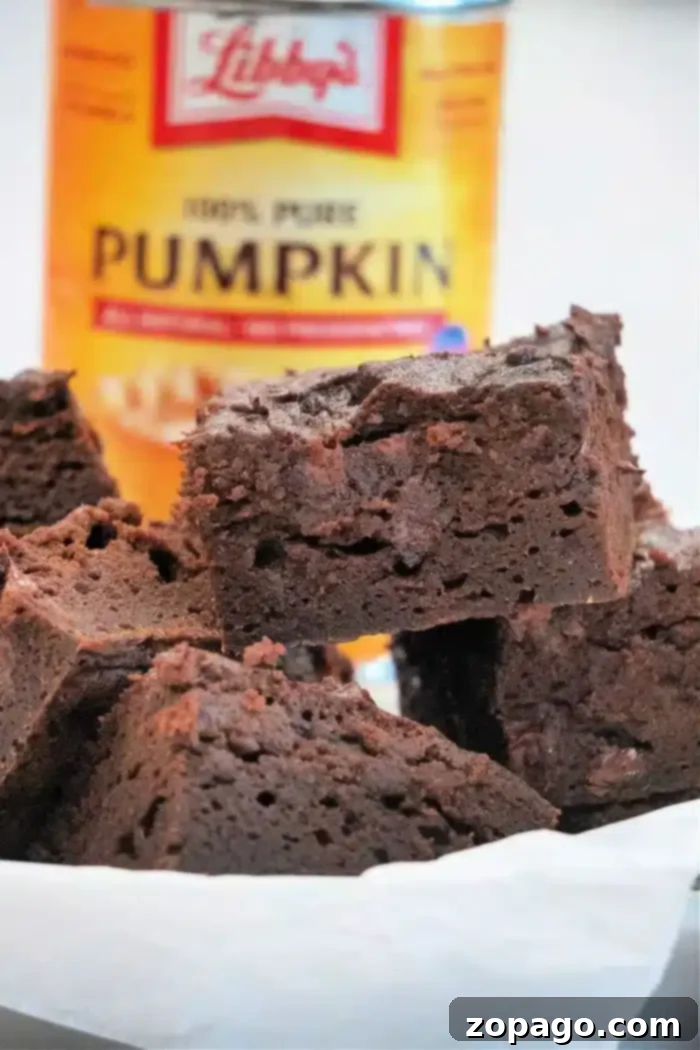 Simple Pumpkin Brownie Upgrade 2 A close-up of decadent chocolate brownies stacked on a white plate, showcasing their rich texture. In the background, a can labeled