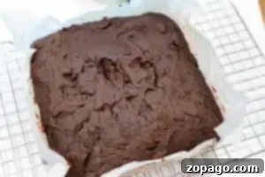 A freshly baked square chocolate cake, infused with hints of pumpkin to resemble rich brownies, sits in a baking tray lined with parchment paper, cooling on a wire rack.