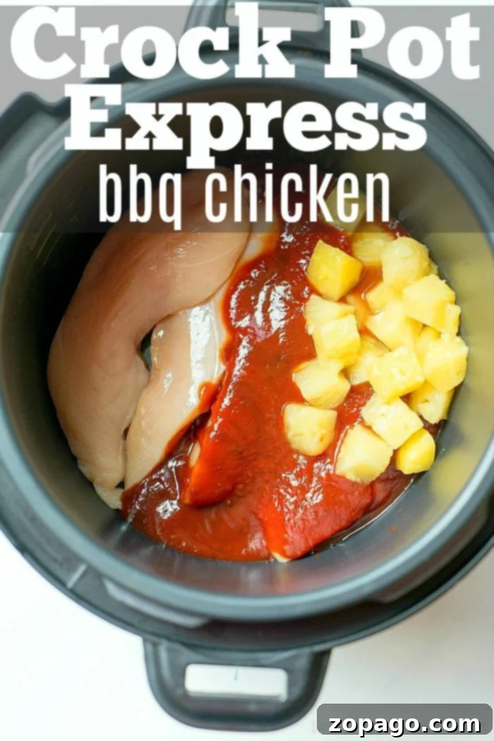 Serving suggestions for Crock Pot Express BBQ chicken, including tacos and a plate meal.