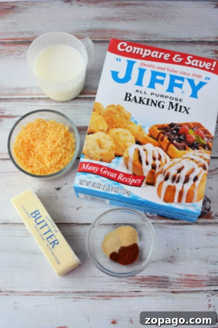Easy Cheesy Jiffy Biscuits 3 A rustic spread featuring Jiffy Mix biscuits paired with milk, shredded cheese, butter, and spices on a wooden surface.