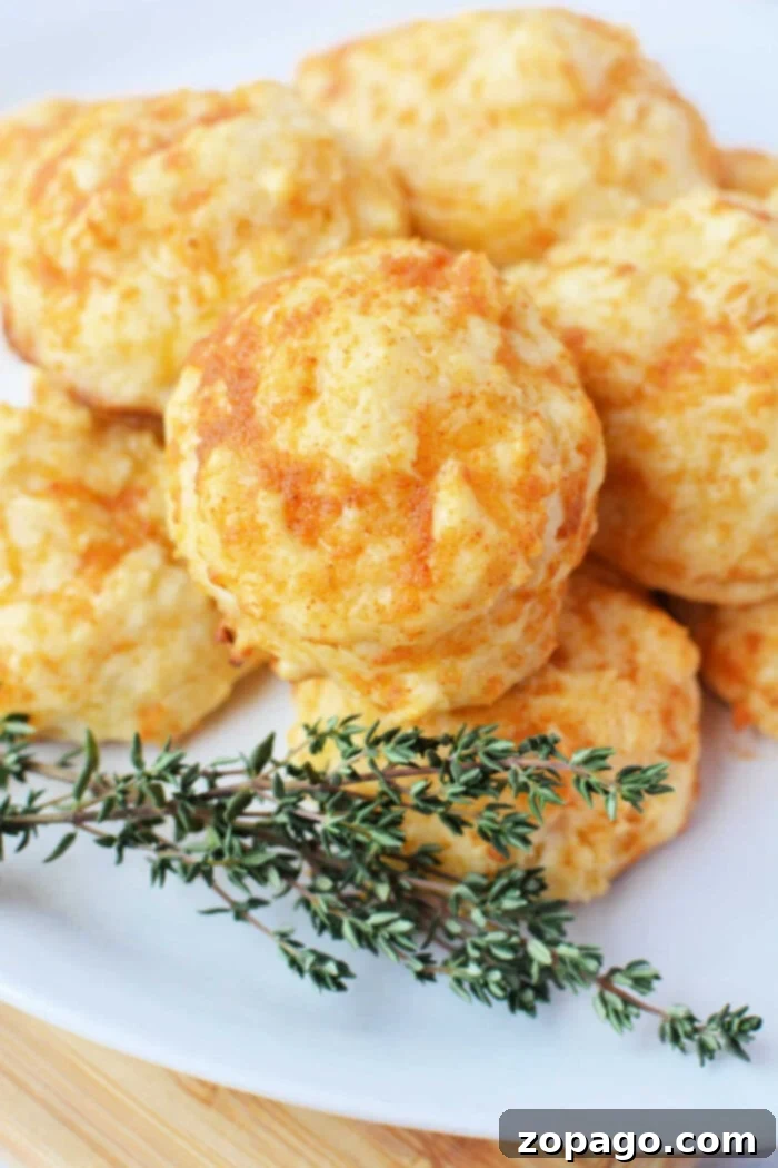 Easy Cheesy Jiffy Biscuits 7 Jiffy Mix cheddar biscuits stacked on a white plate with a sprig of thyme garnish.
