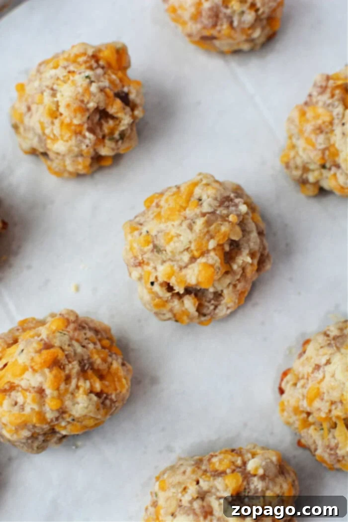 Red Lobster Biscuit Sausage Poppers 7 Close-up of several perfectly baked, cheesy sausage balls made with Red Lobster Biscuit Mix, arranged on parchment paper, showcasing their appetizing golden-brown texture.