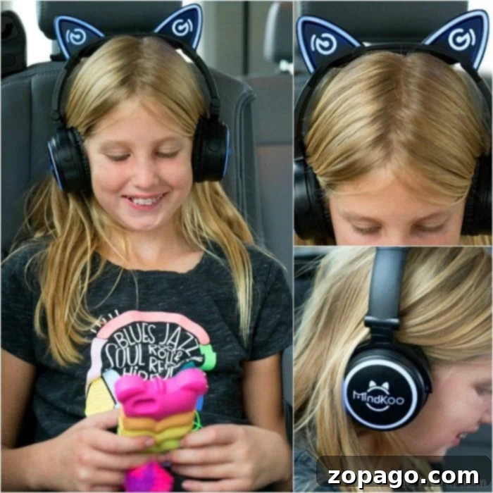 Boredom Busters for the Road 3 Cute cat-themed headphones for kids, perfect for road trips or travel, ensuring comfortable listening.
