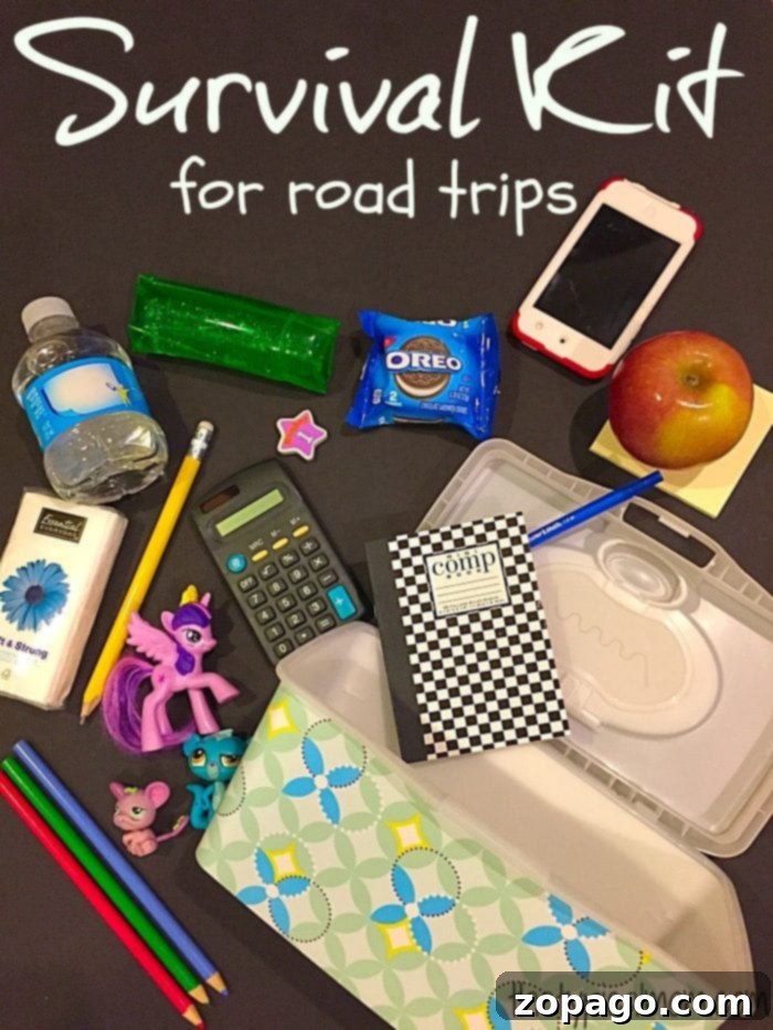 A child happily opens a road trip busy bag filled with an array of activities and snacks, sitting comfortably in a car seat.