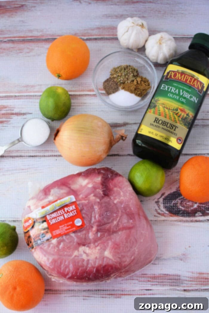 Perfectly Roasted Pork Sirloin 3 A delectable roast recipe awaits with ingredients like succulent pork, aromatic onions, zesty citrus fruits, spices, garlic, and olive oil elegantly arranged on a wooden surface.