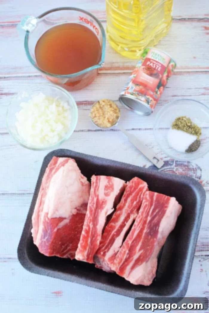 Tender Pressure Cooker Beef Ribs 3 Ingredients for cooking: beef ribs, chopped onions, broth, tomato paste, minced garlic, spices, and oil on a table—perfect for a savory pressure cooker recipe.