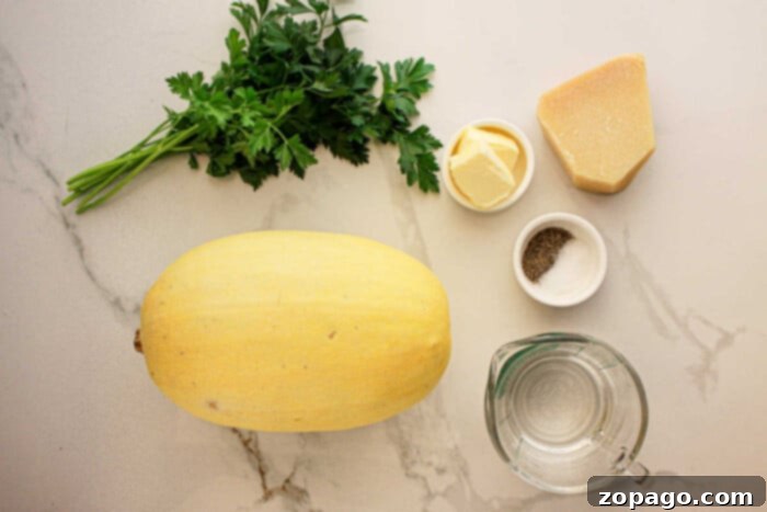 Effortless Slow Cooker Spaghetti Squash 3 Slow Cooker Spaghetti Squash, parsley, butter, Parmesan, salt, pepper, and water rest on a marble countertop.