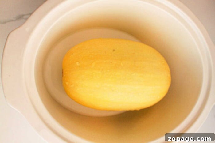 Effortless Slow Cooker Spaghetti Squash 4 A whole slow cooker spaghetti squash sits in a white slow cooker, ready for cooking.