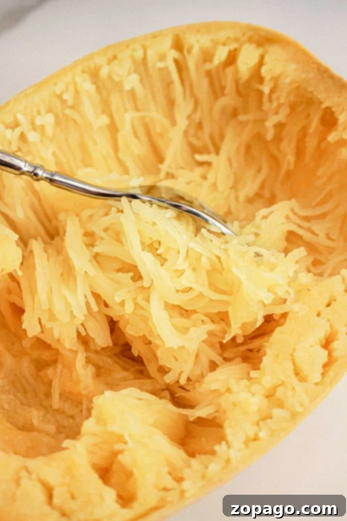 Effortless Slow Cooker Spaghetti Squash 6 Using a fork, gently scrape spaghetti squash strands inside a halved squash shell, effortlessly prepared in the slow cooker for a tender and flavorful meal.