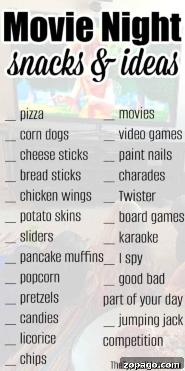 Unforgettable Family Movie Nights In 5 Printed list of family movie night ideas with checkboxes