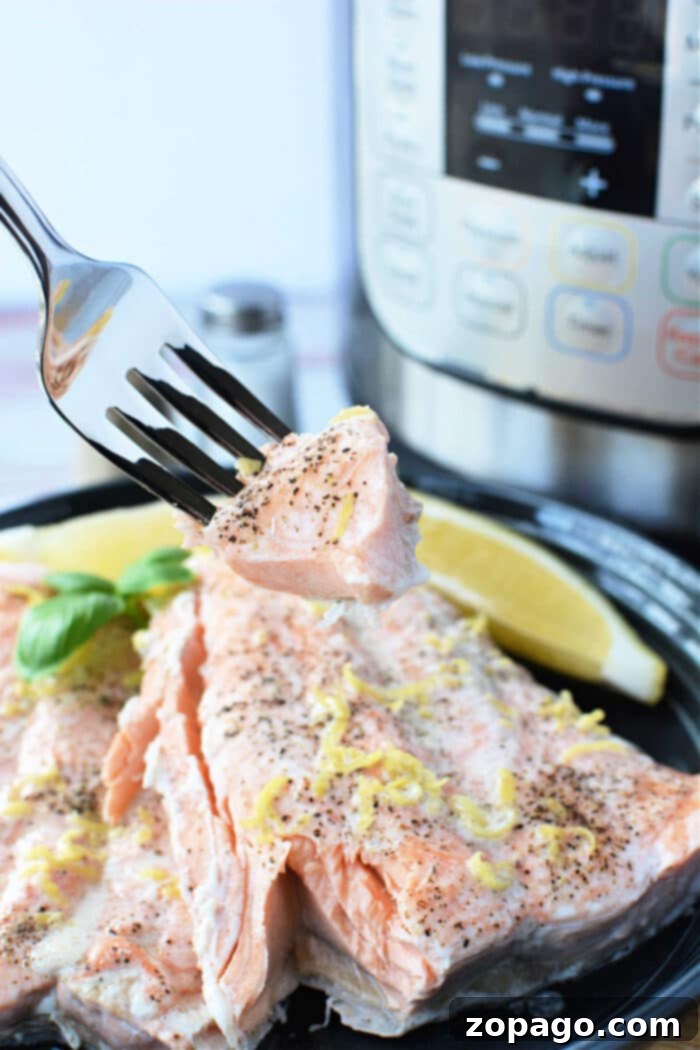 Quick Pressure Cooker Salmon 2 A fork holds a tender piece of salmon, perfectly cooked and garnished with lemon zest and pepper. Nearby, lemon wedges accompany the dish, hinting at the flawless results achieved with a pressure cooker.