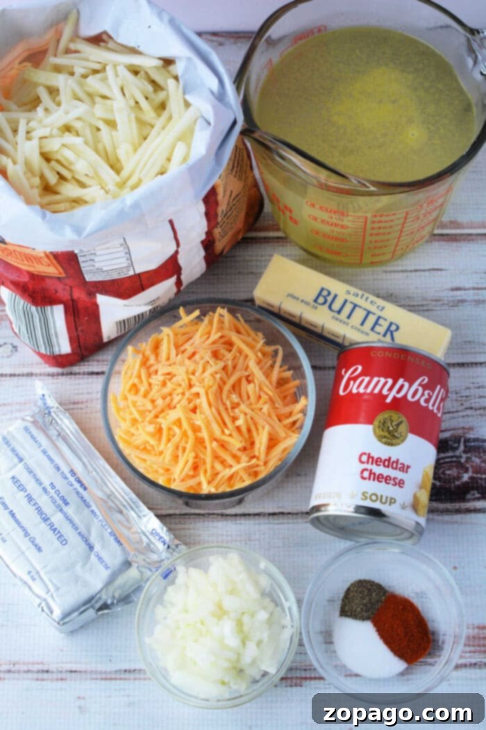 Creamy Instant Pot Hash Brown Potato Soup 3 A vibrant flat lay displays the essential ingredients for a delightful Instant Pot potato soup: a bag of frozen hash browns, rich butter, savory chicken broth, shredded cheese, soft cream cheese, finely chopped onions, various spices, and a can of creamy soup. All the makings for a quick, comforting meal from your pressure cooker.