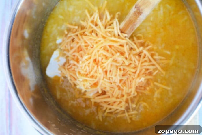 Shredded cheese melts into a creamy yellow soup, bubbling gently in the pot as a wooden spoon stirs. This Pressure Cooker Potato Soup is made even heartier with the addition of Frozen Hash Browns for a comfort meal thats both quick and delicious.