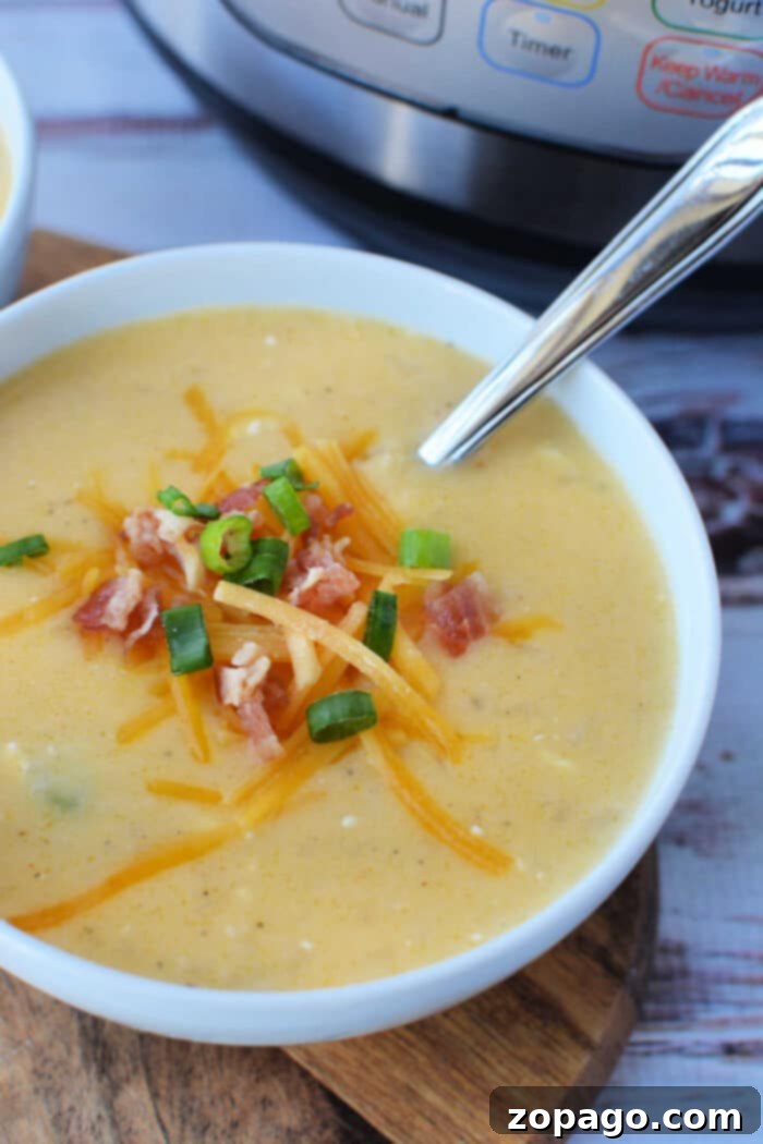 A bowl of creamy potato soup topped with crispy bacon, cheddar cheese, and green onions sits invitingly. In the background, a spoon rests beside a trusty pressure cooker, ready to whip up more delights.