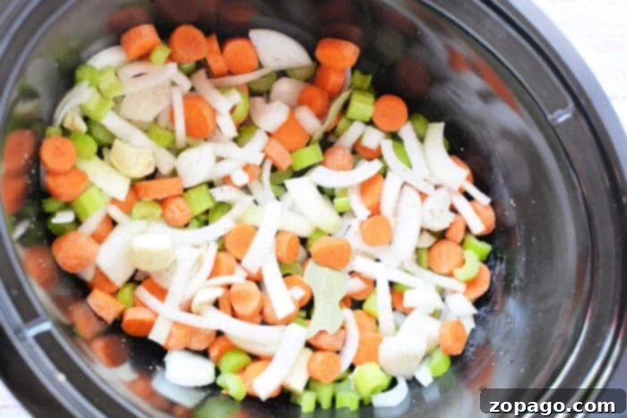 Effortless Slow Cooker Bone Broth 4 Chopped carrots, celery, onions, and potatoes simmer in a savory broth recipe within the slow cooker.