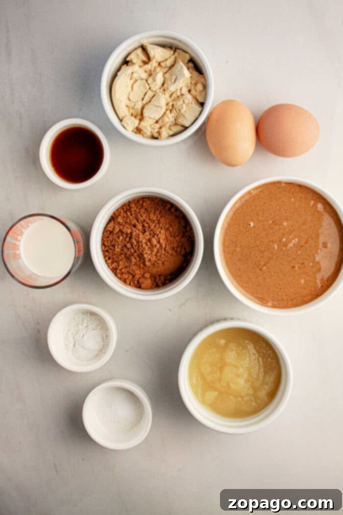 High-Protein Brownie Bites 3 Ingredients for a homemade protein brownie recipe are neatly arranged on a table, including two eggs, vanilla extract, coconut flour, cocoa powder, peanut butter, milk, applesauce, baking powder, and salt.