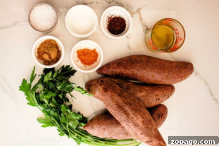 Vibrant Purple Sweet Potato Creations 3 On a marble surface lay small bowls brimming with vibrant sweet potatoes, fresh parsley, and savory seasonings, setting the stage for a delightful recipe that could easily feature the rich hues of the purple sweet potato.