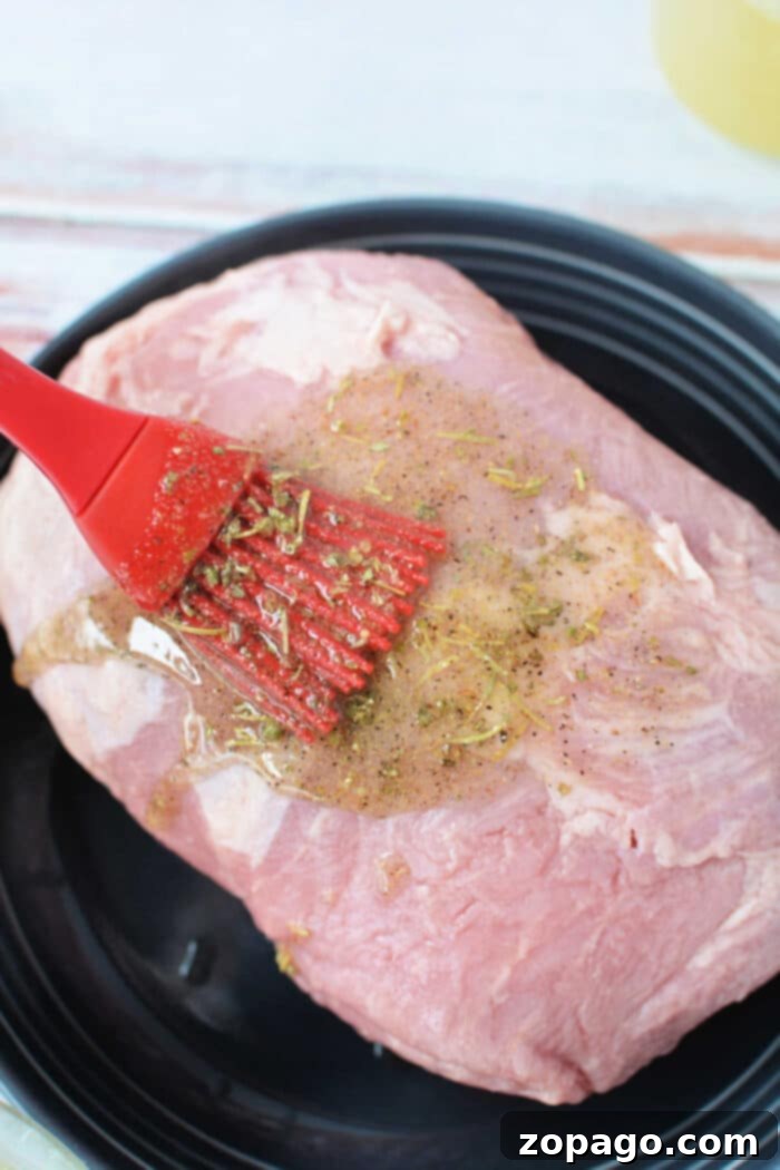 Tender Slow Cooker Porketta 3 A Crockpot Porketta Roast is prepared as a delectable raw pork roast, with a flavorful marinade gently applied using a red brush on a sleek black plate.