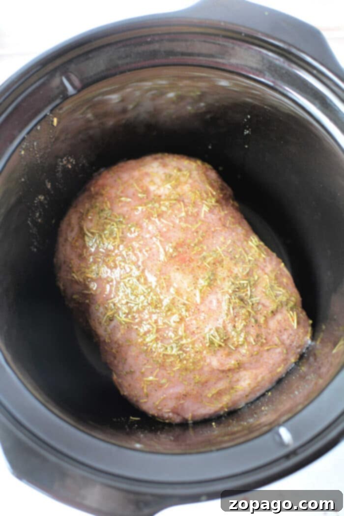 Tender Slow Cooker Porketta 4 A seasoned Porketta Roast rests in a sleek black slow cooker, ready for cooking.