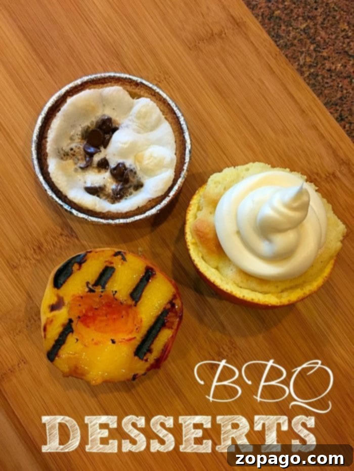 A selection of the best BBQ dessert recipes, including S'mores pies, grilled peaches, and orange cupcakes, artfully arranged on a wooden surface.
