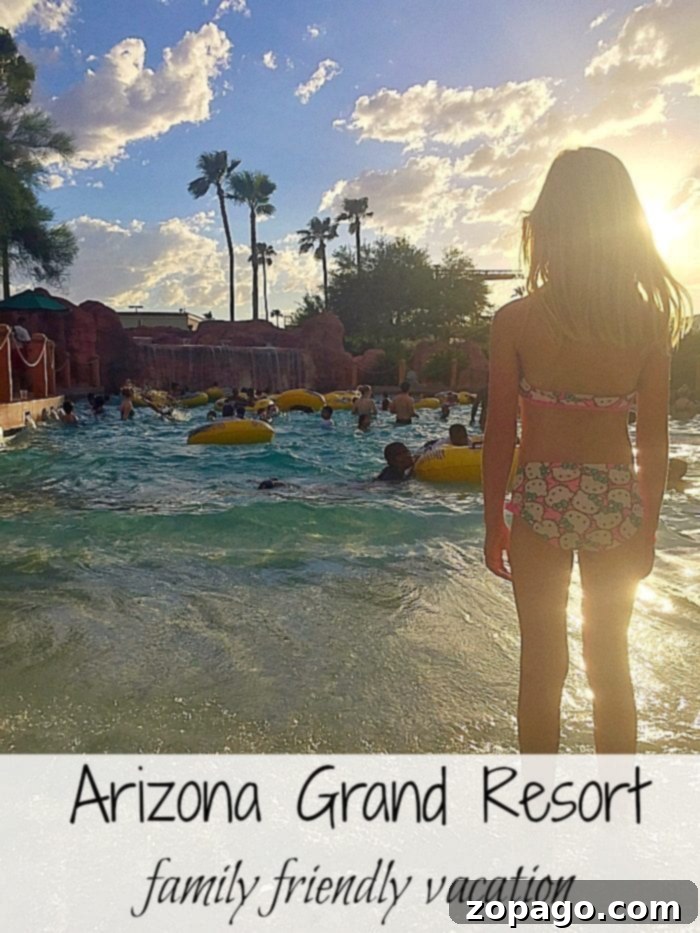 Experience the ultimate family vacation at the Arizona Grand Resort & Spa in Phoenix, home to the thrilling Oasis Water Park and luxurious amenities for all ages. A child in swimwear stands by a crowded pool, surrounded by palm trees at sunset. The text below reads Arizona Grand Resort, highlighting the perfect family-friendly vacation spot.