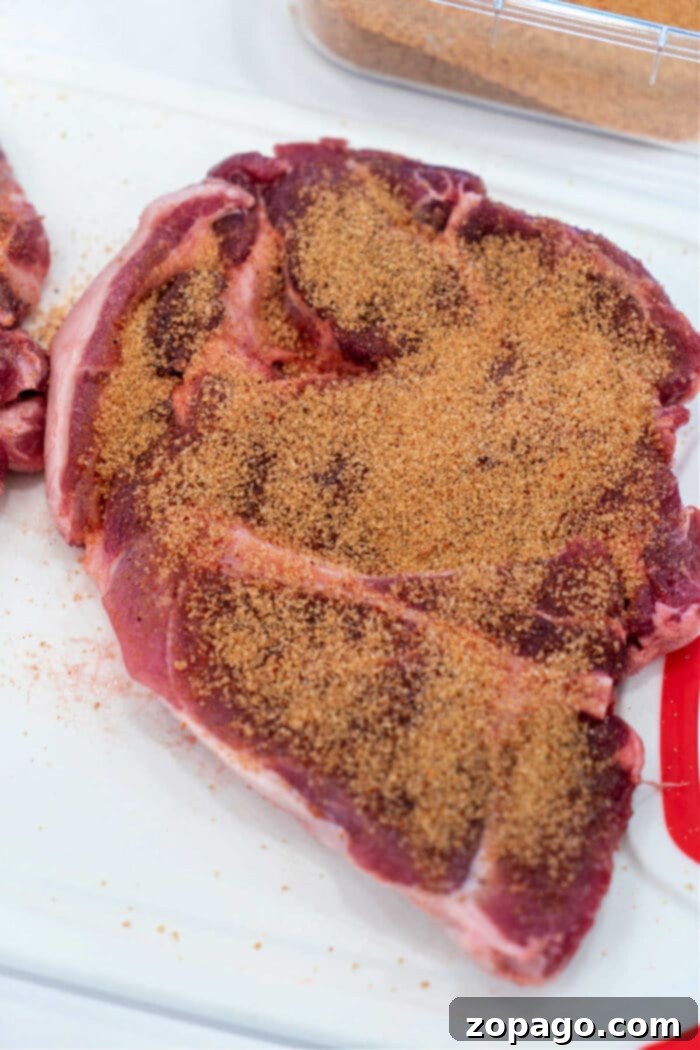 Pork Blade Steak 6 Pork shoulder steak on a cutting board sprinkled with a layer of dry seasoning rub.