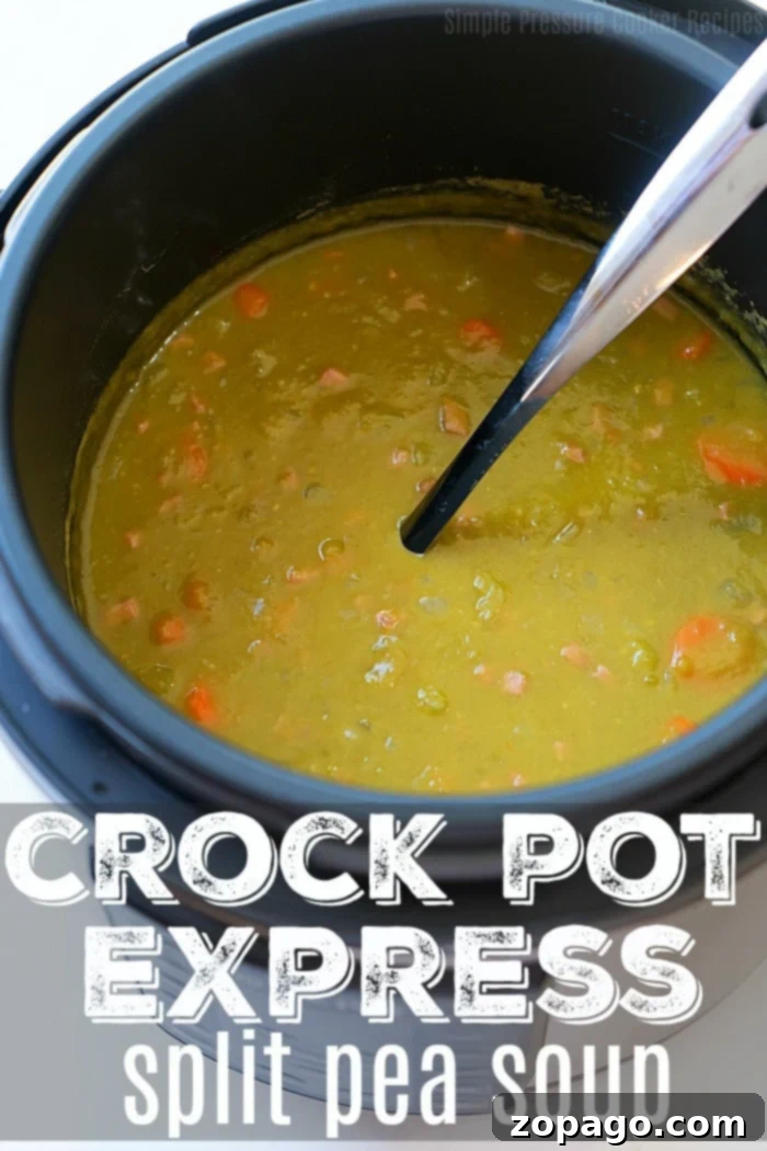 An incredibly easy Crock Pot Express split pea soup recipe, perfect for busy weeknights. Ready in just 18 minutes, this homemade pressure cooker split pea soup with dry peas is a quick, healthy, and delicious meal. Hearty Crock Pot Express Split Pea Soup, garnished with fresh herbs, in a serving bowl with a ladle.