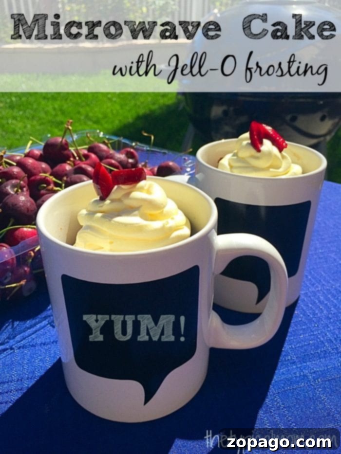 This is the best chocolate mug cake recipe ever that takes just one minute in the microwave to cook and is perfect for one or make a batch and enjoy with a group of people making them to order. Topped with Jello pudding frosting they are a little bite of heaven and super moist too. Our favorite mug cake. #best #chocolate #mug #cake #minute #microwave Mug Cake No Milk