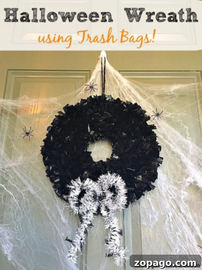 DIY Halloween Wreath made from repurposed garbage bags – a fun, cheap, and spooky craft for the holidays. Stunning DIY Halloween Wreath crafted from black garbage bags, perfect for spooky holiday decor