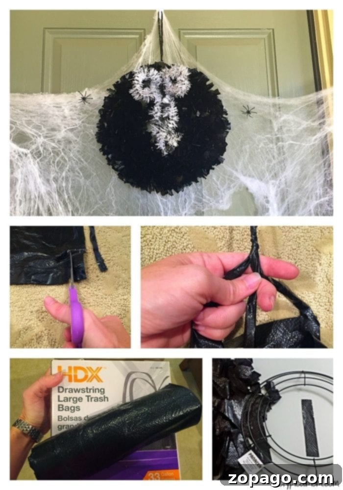 Spooktacular Garbage Bag Halloween Wreath – Ready for Your Front Door Finished Halloween wreath made from black garbage bags, decorated with spooky spiders and webs on a front door