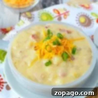 Creamy Slow Cooker Loaded Baked Potato Soup 2 Crockpot loaded baked potato soup, creamy and delicious, is topped with shredded cheese and green onions. It's elegantly presented in a white bowl on a patterned cloth.