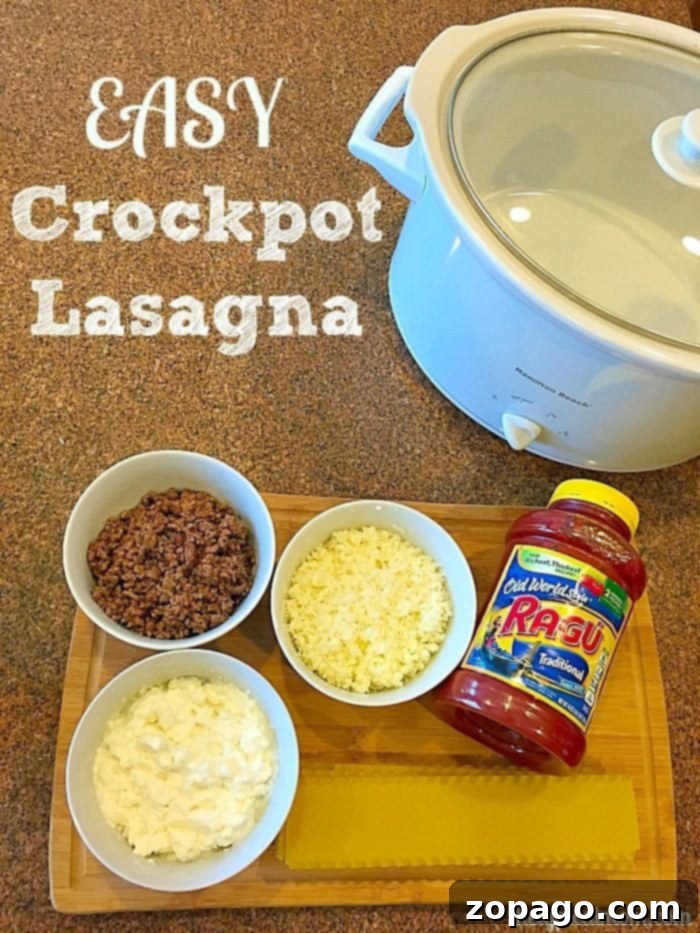 Effortless Crockpot Lasagna 2 Delicious no-boil crockpot lasagna in a slow cooker, ready to serve, adorned with melted cheese and fresh herbs.