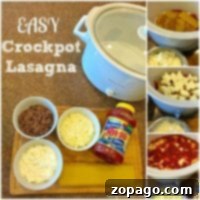 Effortless Crockpot Lasagna 8 A collage displaying ingredients and step-by-step preparation for an easy crockpot lasagna recipe, featuring a slow cooker and fresh food prep.