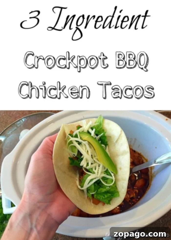 Slow Cooker BBQ Chicken 7 Easy Crockpot BBQ chicken recipe with only 3 ingredients shown in a slow cooker, ready to be served.