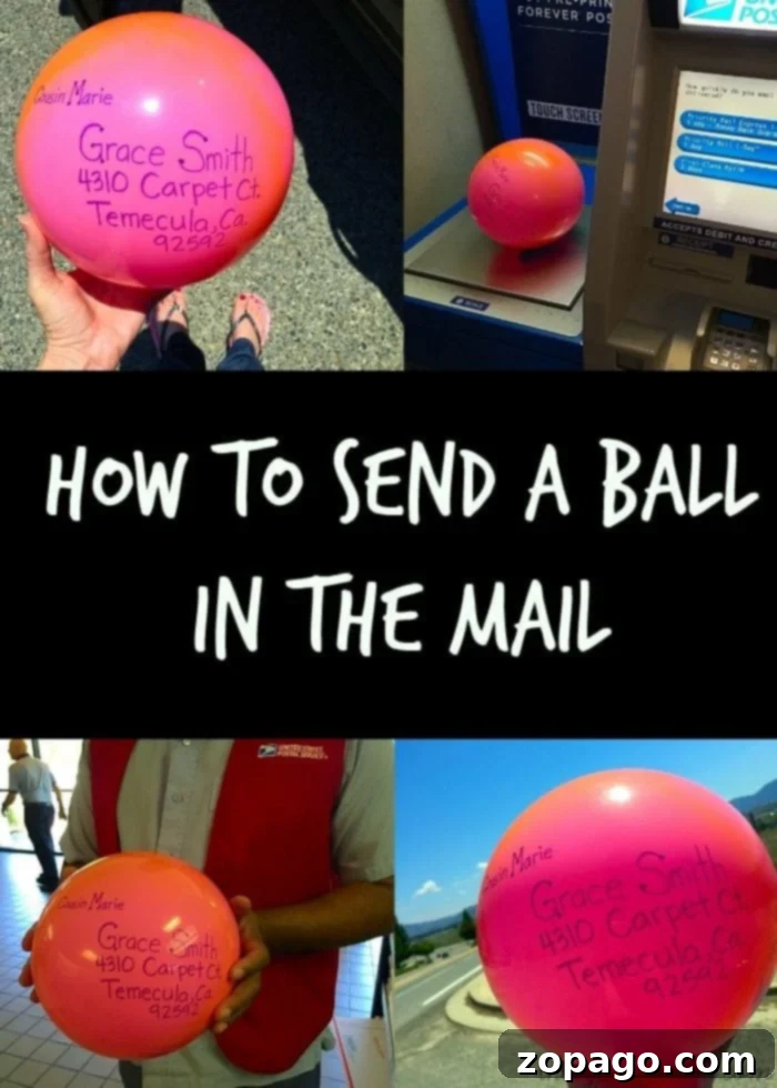 Easy instructions on how to send a ball in the mail. Step-by-step guide on how to send a ball in the mail, featuring a colorful plastic ball ready for shipment.