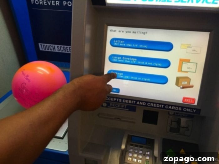 Mailing a Ball: A Practical Guide 3 Self-service kiosk screen displaying options, with 'Send Letter or Package' highlighted for sending a ball.