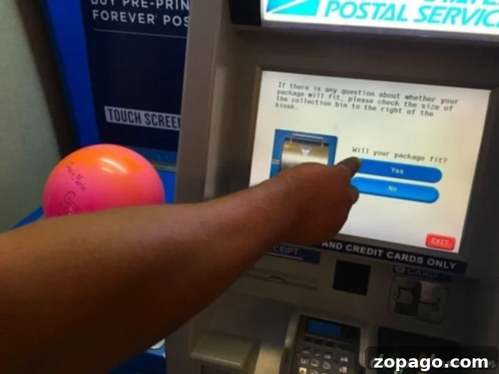 Mailing a Ball: A Practical Guide 4 Post office self-service machine screen asking if the user is using priority shipping boxes, with 'No' selected for a ball shipment.
