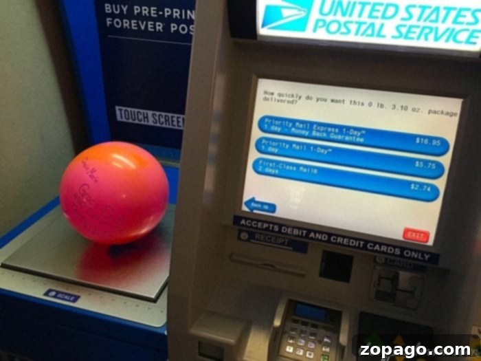 Mailing a Ball: A Practical Guide 5 Image on a self-service machine screen showing a mail drop-off bin, confirming the ball will fit for shipping.