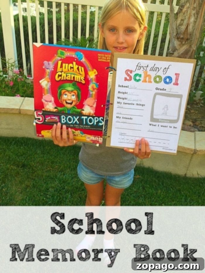 Homemade School Memory Book for preserving student memories Completed DIY School Memory Book with various school items and a child's hand